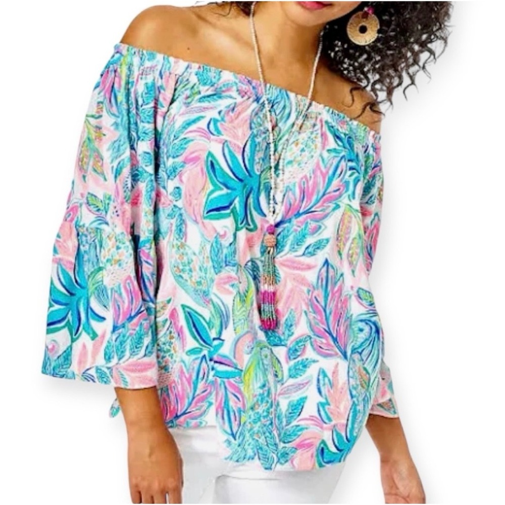 Lilly Pulitzer Kaduwela Off The Shoulder Top Pink Blue Tropical XS 001623